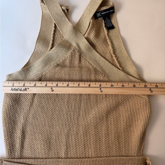INC Gold Sparkly Halter Top | Silk Cotton Ribbed Knit Crossover Neck Blouse - Picture 5 of 6